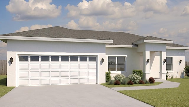 view of front of home with a garage and a front lawn