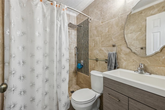 bathroom with toilet, a shower with curtain, tile walls, vanity, and decorative backsplash