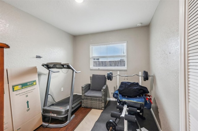 workout room with hardwood / wood-style floors