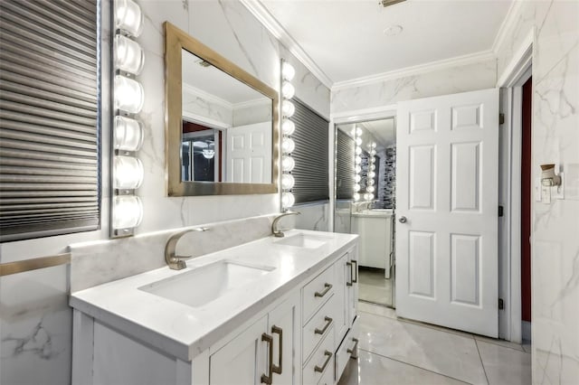 bathroom with vanity and ornamental molding