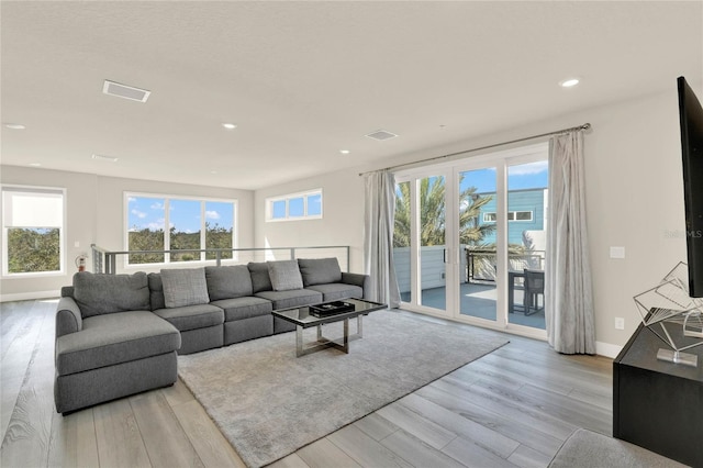 living room featuring a wealth of natural light and light wood-type flooring