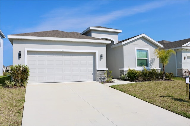 single story home featuring stone siding, stucco siding, concrete driveway, and a garage