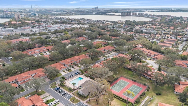 aerial view featuring a water view