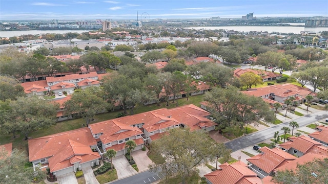 birds eye view of property featuring a water view