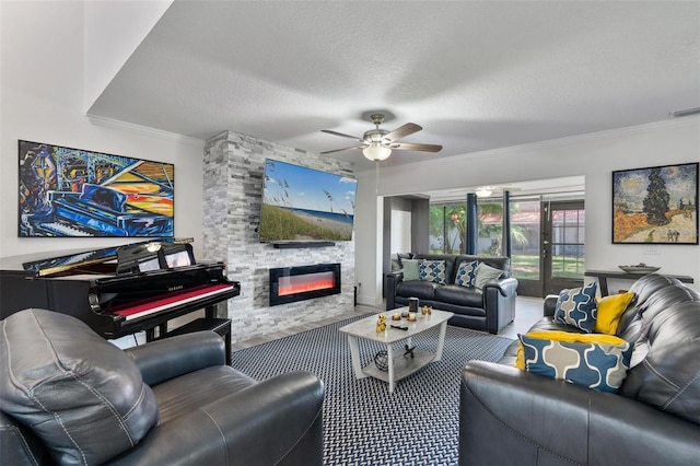 living room with crown molding, a stone fireplace, and a textured ceiling