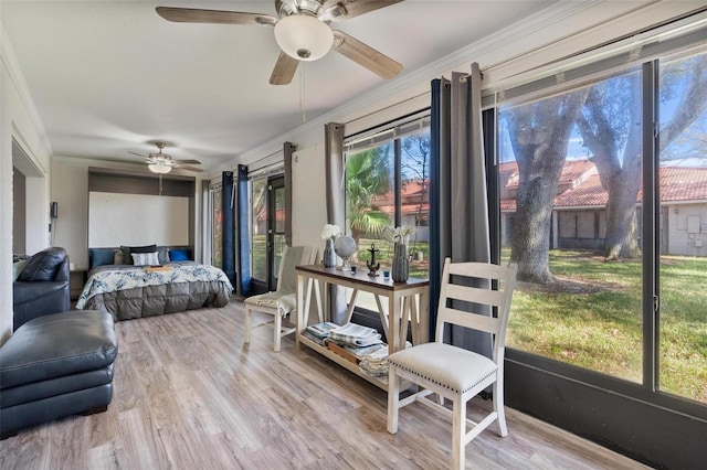 bedroom featuring hardwood / wood-style floors, ornamental molding, and ceiling fan