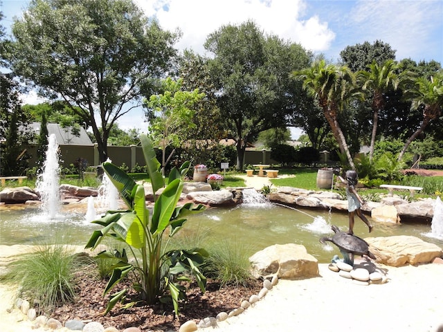 view of property's community with a small pond