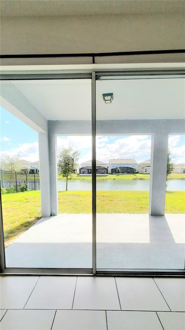 entryway with a water view