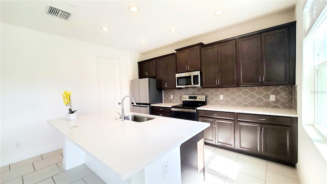 kitchen featuring an island with sink, appliances with stainless steel finishes, sink, and backsplash