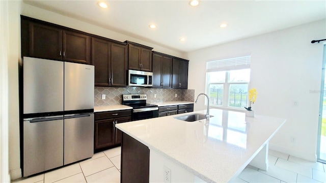 kitchen featuring sink, dark brown cabinets, a center island with sink, stainless steel appliances, and backsplash