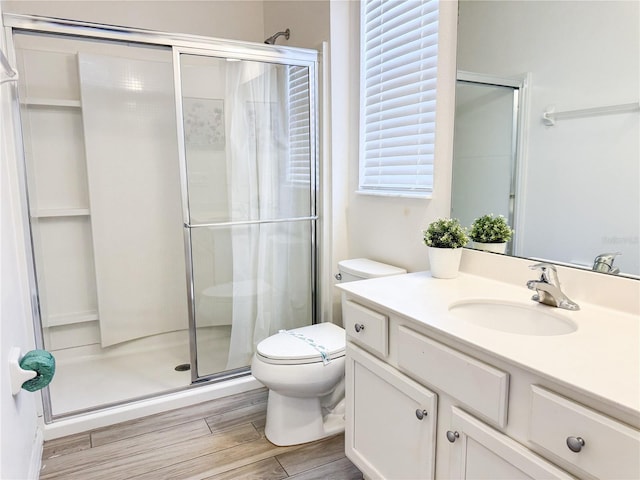 bathroom featuring an enclosed shower, vanity, and toilet