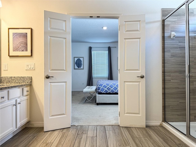 bathroom with vanity and a shower with shower door