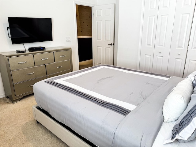 bedroom featuring light colored carpet and a closet