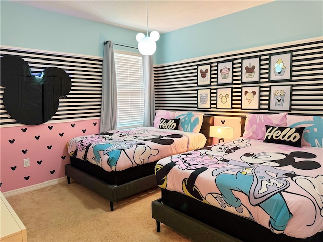 bedroom featuring light carpet