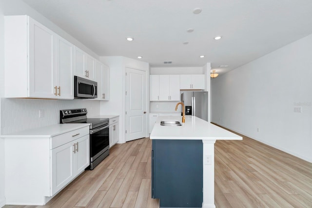 kitchen with white cabinetry, appliances with stainless steel finishes, sink, and a center island with sink