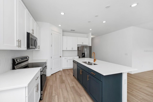 kitchen with white cabinetry, blue cabinetry, stainless steel appliances, and a center island with sink