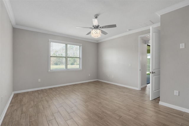 unfurnished room featuring a textured ceiling, ornamental molding, light hardwood / wood-style floors, and ceiling fan