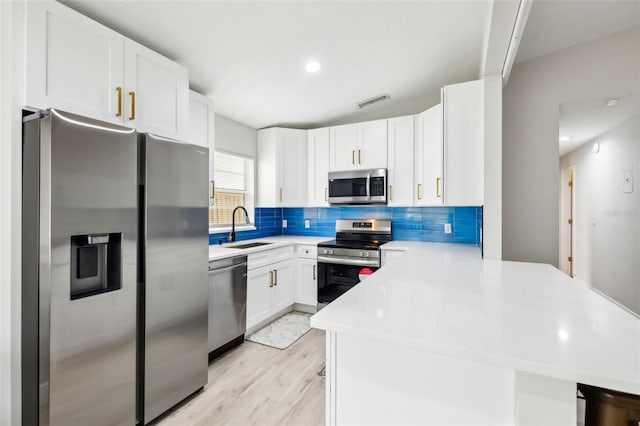 kitchen with appliances with stainless steel finishes, white cabinetry, sink, backsplash, and light wood-type flooring