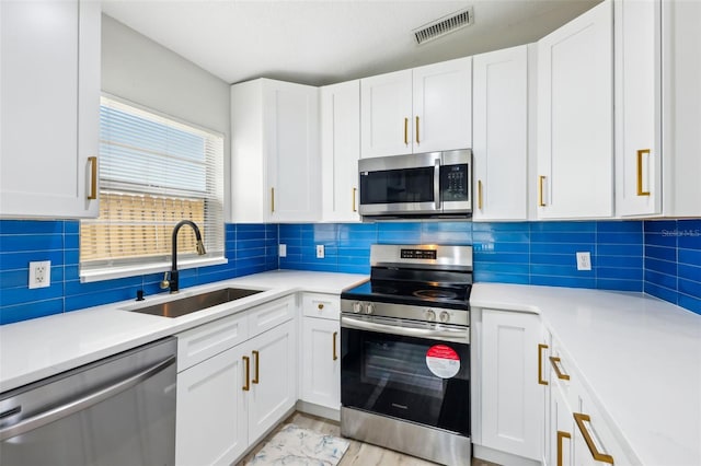 kitchen featuring white cabinetry, appliances with stainless steel finishes, sink, and decorative backsplash