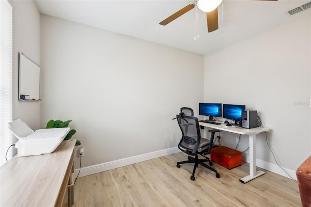 office area with ceiling fan and light wood-type flooring