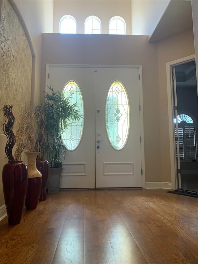 entrance foyer featuring plenty of natural light, a high ceiling, and wood finished floors