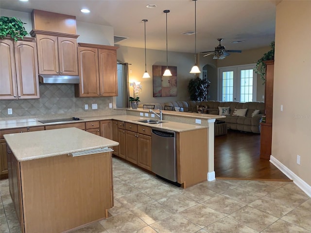 kitchen with ceiling fan, a sink, under cabinet range hood, dishwasher, and black electric cooktop