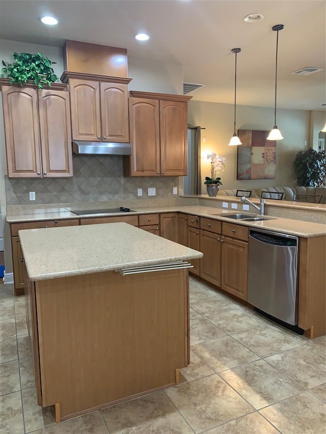 kitchen featuring a sink, a center island, a peninsula, decorative backsplash, and dishwasher