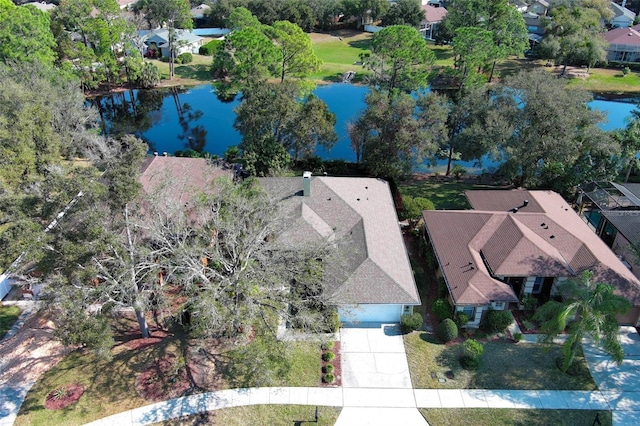 bird's eye view with a water view