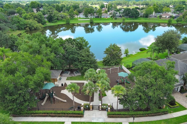 bird's eye view with a water view