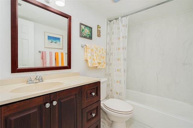 full bathroom with vanity, shower / tub combo with curtain, and toilet