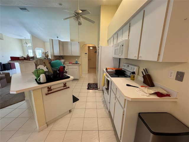 kitchen featuring white cabinetry, high vaulted ceiling, light tile patterned floors, ceiling fan, and white appliances