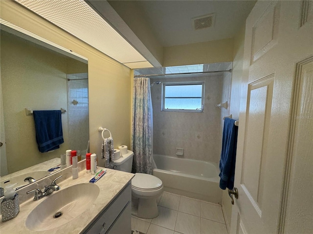 full bathroom with vanity, tile patterned floors, shower / bath combination with curtain, and toilet