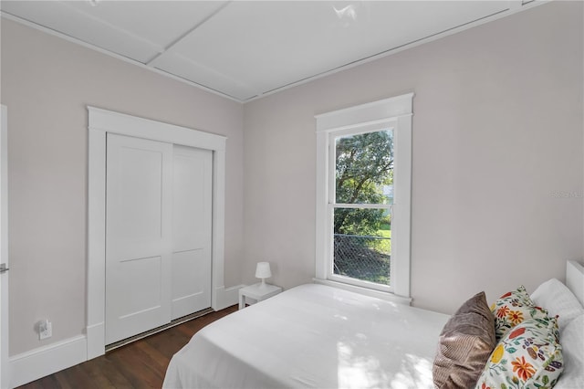 bedroom with dark hardwood / wood-style floors