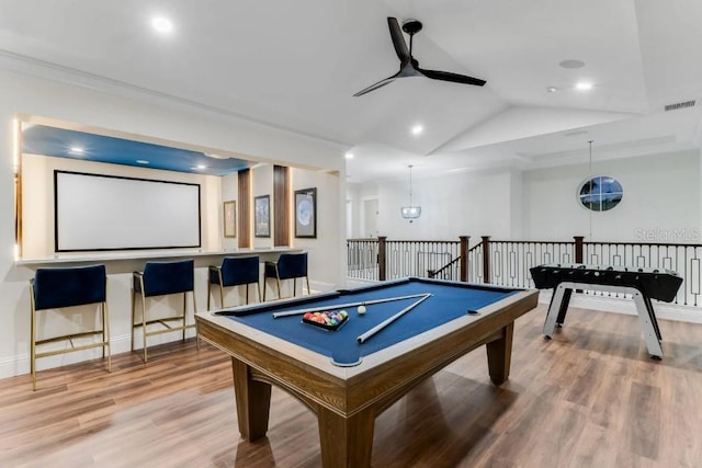 playroom featuring ceiling fan, wood-type flooring, pool table, and ornamental molding