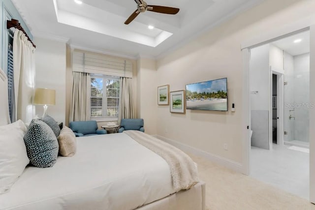 carpeted bedroom featuring ornamental molding, a raised ceiling, and ceiling fan