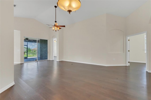 11530 57th Street Cir E, Parrish, FL 34219 - unfurnished room with a ceiling fan, baseboards, wood finished floors, and high vaulted ceiling