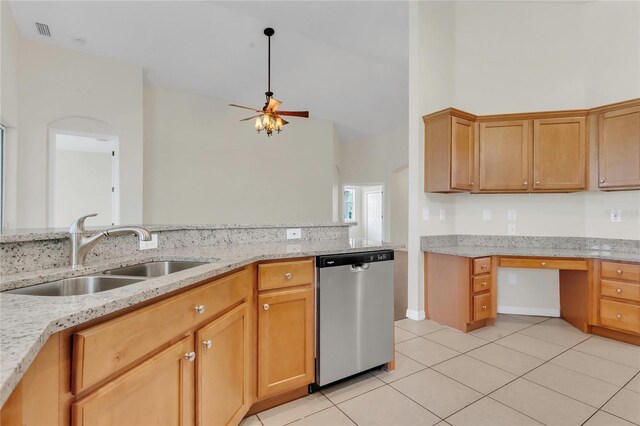 11530 57th Street Cir E, Parrish, FL 34219 - kitchen with dishwasher, a sink, high vaulted ceiling, light tile patterned flooring, and ceiling fan