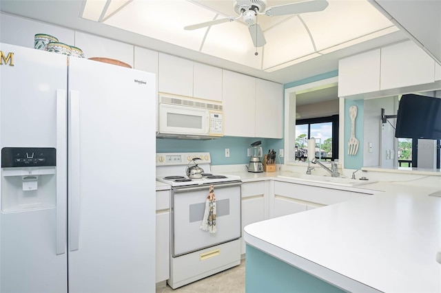 kitchen with sink, white appliances, ceiling fan, white cabinetry, and kitchen peninsula