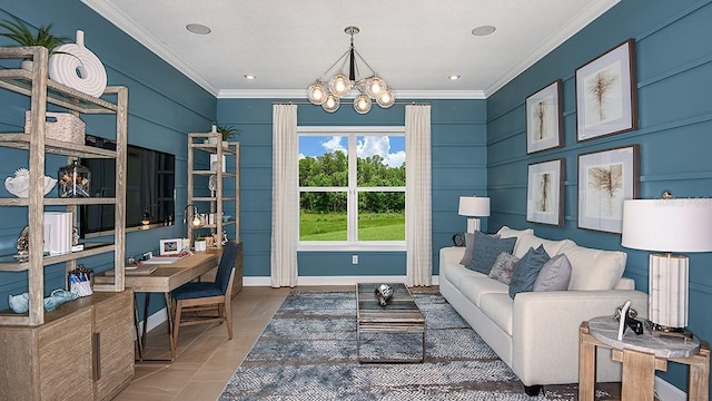 tiled home office with crown molding and a chandelier