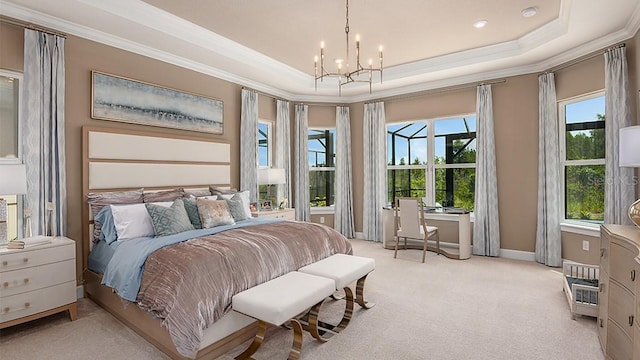 bedroom featuring an inviting chandelier, ornamental molding, light colored carpet, and a raised ceiling