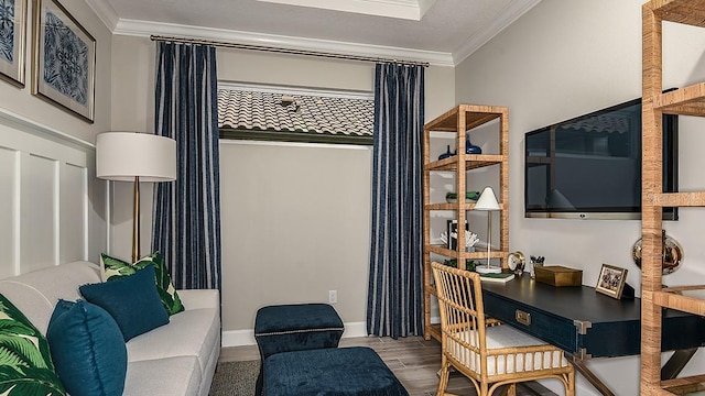 office area with crown molding and hardwood / wood-style floors