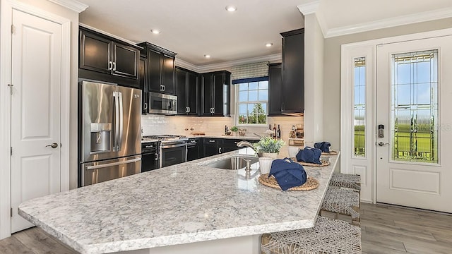 kitchen with sink, appliances with stainless steel finishes, light stone counters, an island with sink, and a kitchen bar