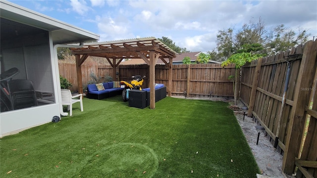 view of yard featuring an outdoor living space, a pergola, and a sunroom