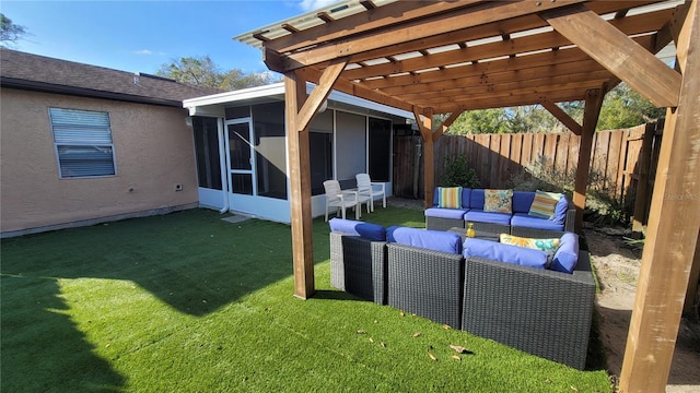 view of patio with an outdoor hangout area, a fenced backyard, a sunroom, and a pergola