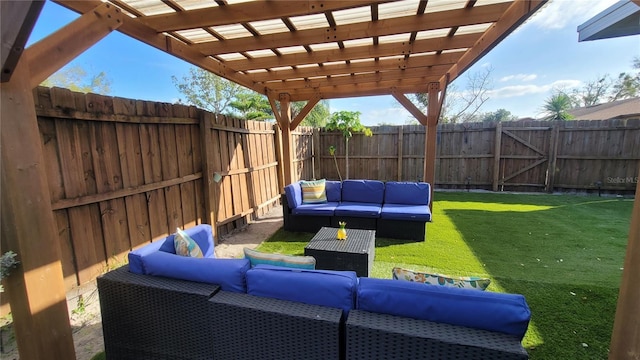 view of patio with an outdoor hangout area, a fenced backyard, and a pergola