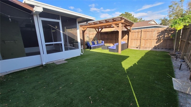 view of yard featuring a sunroom, a fenced backyard, an outdoor living space, and a pergola