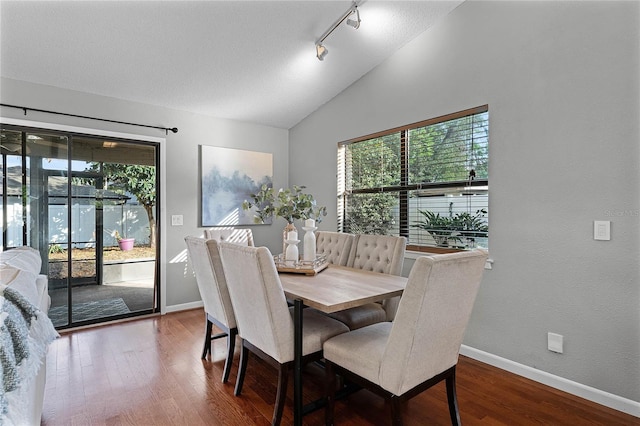 dining room featuring vaulted ceiling, rail lighting, wood-type flooring, and a wealth of natural light