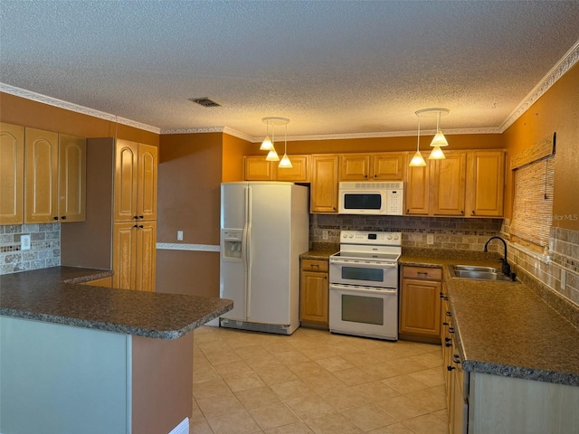 kitchen with white appliances, ornamental molding, sink, and hanging light fixtures