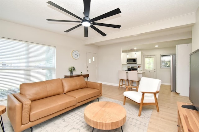 living room featuring ceiling fan, light hardwood / wood-style floors, and a textured ceiling