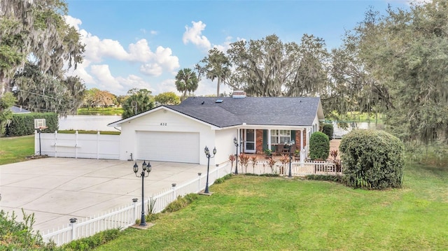 ranch-style home featuring a garage, covered porch, and a front yard